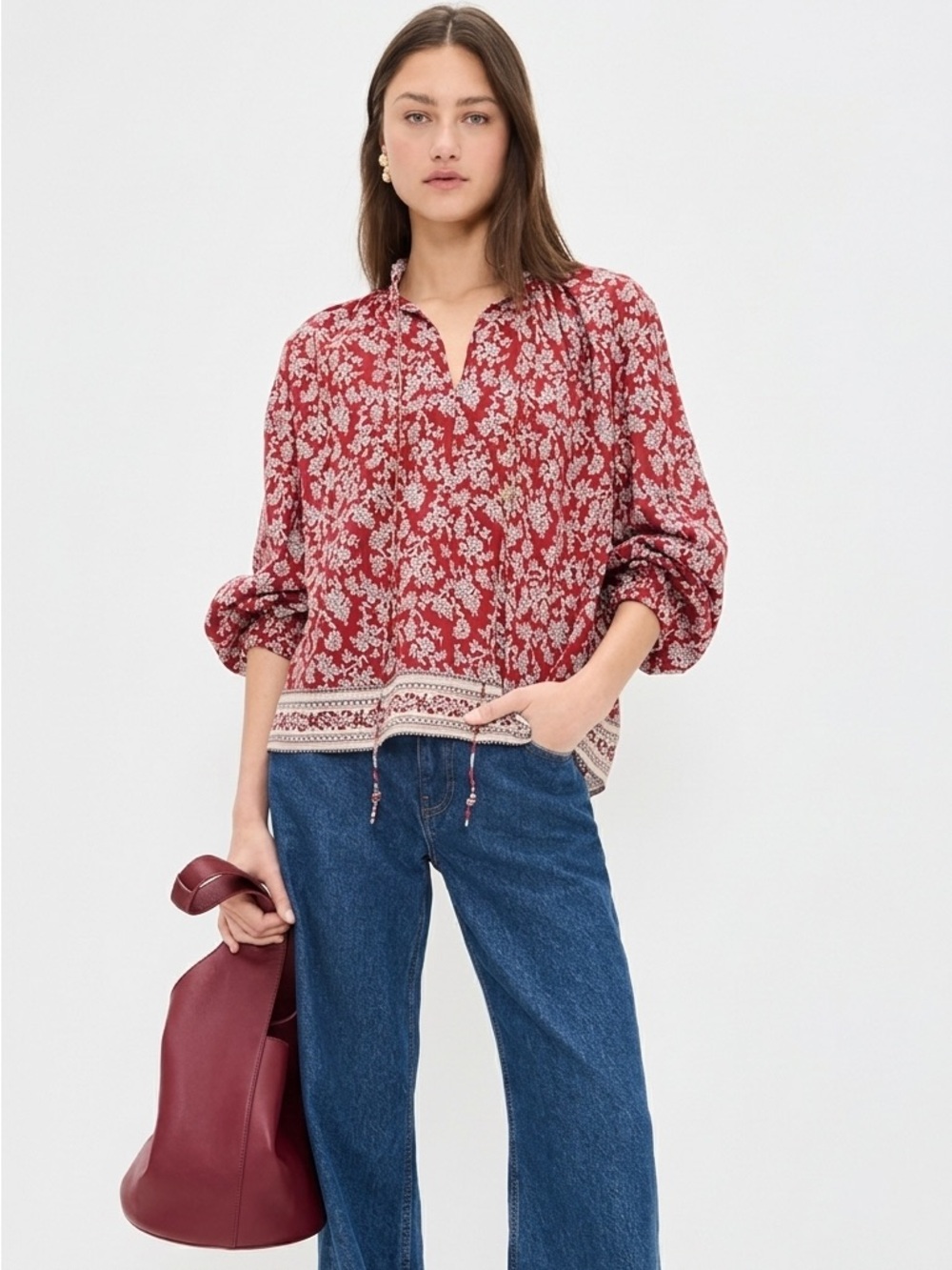 Madewell Shirred Popover Top Red Paisley Block Print Medium Boho Peasant